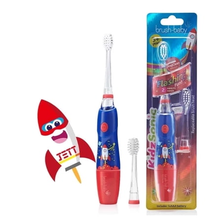 Brush Baby KidzSonic® Rocket Kids Electric Toothbrush for 3  Years - Soft Bristles, Disco Lights, Gentle Vibration and Smart Timer – Includes 2 Brush Heads and 1 Battery.