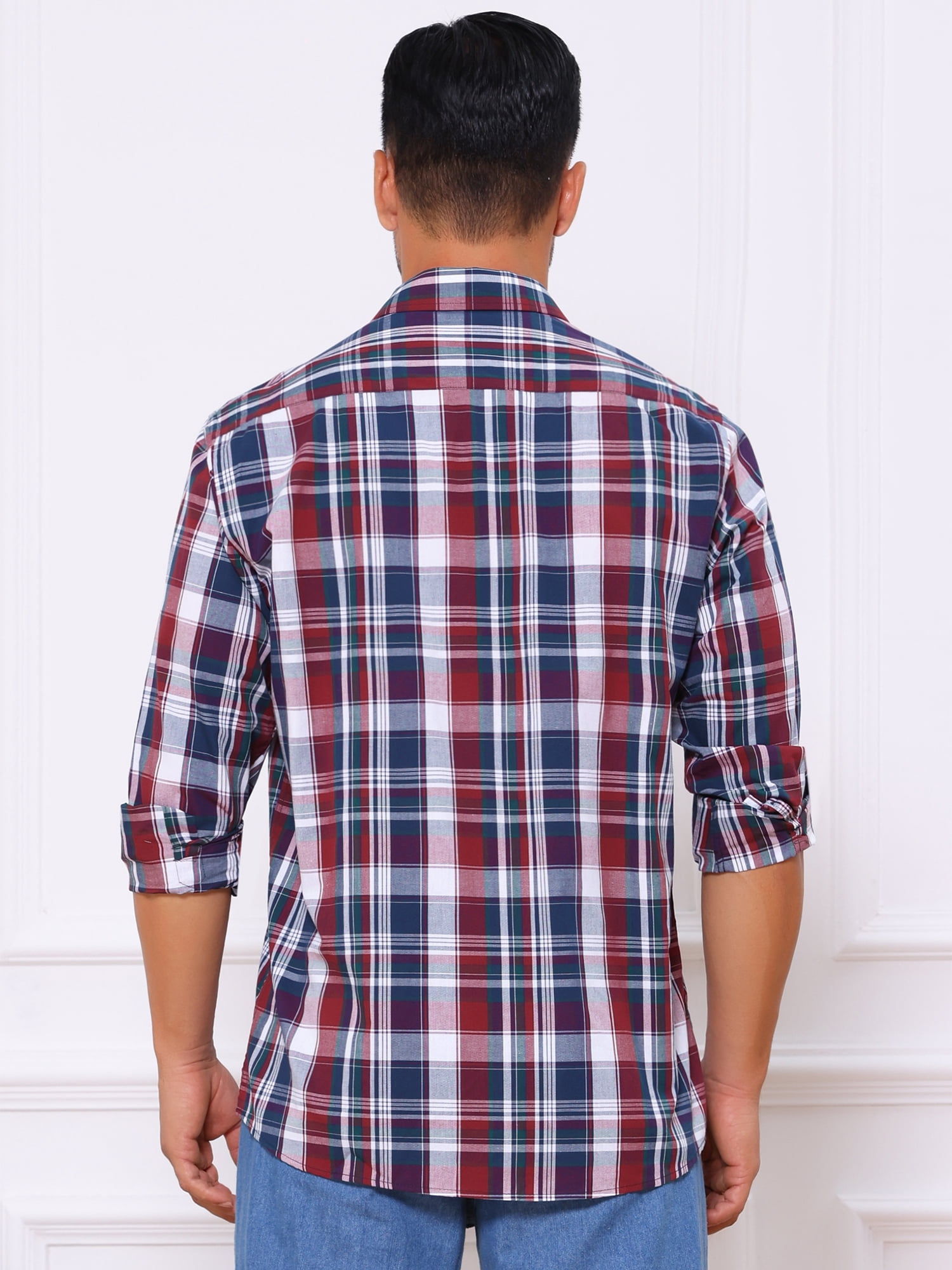DARING DIVA Men's Long Sleeve Checked Shirt Point Collar Button Plaid Shirt XL Red Navy