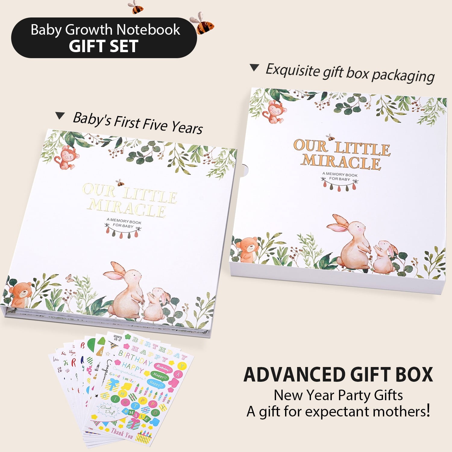 TJT Keepsake Baby Books for Newborn Baby Memory, First 5 Years Baby Memory Record Book Gift, 124 Pages Baby Album, Rabbit, Brown