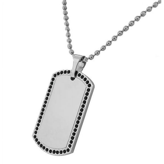 Stainless Steel Silver-Tone Black CZ Dog Tag Necklace Pendant with Chain