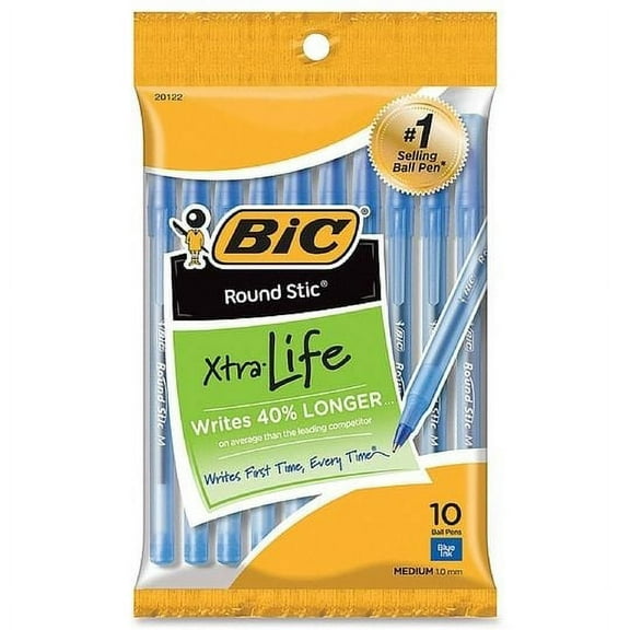 3 Pack Bic Round Stic Xtra Life Medium Ballpoint Pen, Blue Ink, 10 Pack