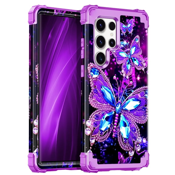 Meshine Phone Case for Samsung Galaxy S22 Ultra 5G,Glow in The Dark Heavy Duty Shockproof Full Body Protection Hard Plastic Bumper Soft Silicone Case,Purple Butterfly