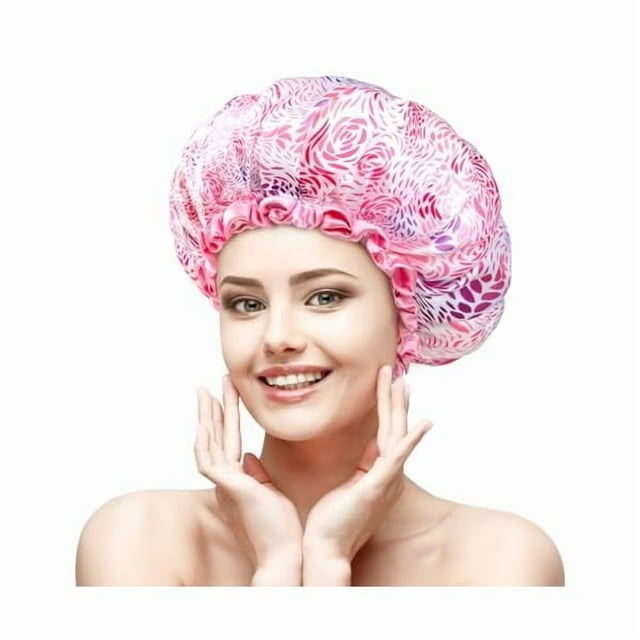 wonima11 Medium Shower Cap for Women 2 Pack, Double Layer Waterproof, Reusable, Washable, Romantic Petal Design, Floral Print