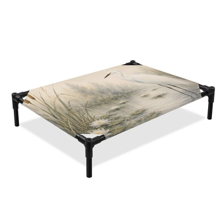 White Egrets Elevated Dog Bed Minimalist Heron Bird Lake Wetland Reeds Cattails Cooling Breathable Outdoor Raised Dog Cot Bed with Metal Frame Non-Slip Feet for Large Dog 28x22in