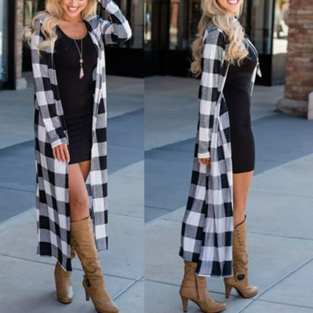 Plaid Long Sleeve Cardigan - Fashion Ladies Full Length Cardigan Sweater Plaided Long Sleeves Open Front TOP White S