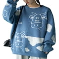 thumbnail image 3 of Womens Long Sleeve Crew Neck Cartoon Cow Print Knit Pullovers Oversized Sweater, 3 of 6