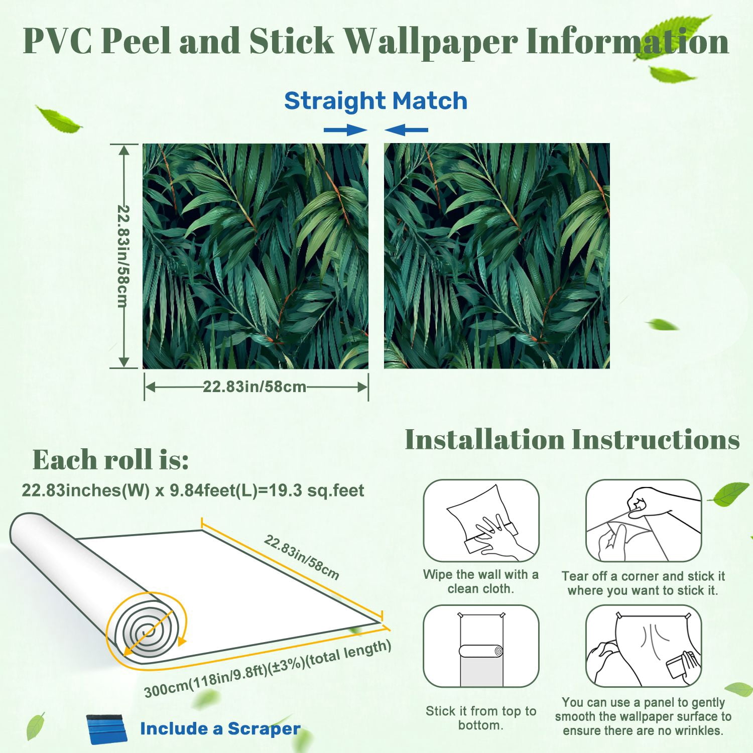 Peel and Stick Wallpaper palm frond Tropical leaves seamless Banana leaf Exotic design Hawaiian 24in x 118in Contact Paper Removable Self Adhesive Wall Mural Wall Decor for Bedroom Kitchen Cabinets