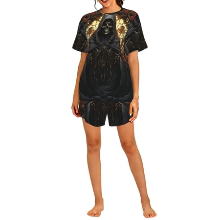 Womens Pajamas Set Short Sleeve Top Pants Soft Sleepwear Loungewear Pjs Sets Grim Reaper Skull Angel Skeleton Cool