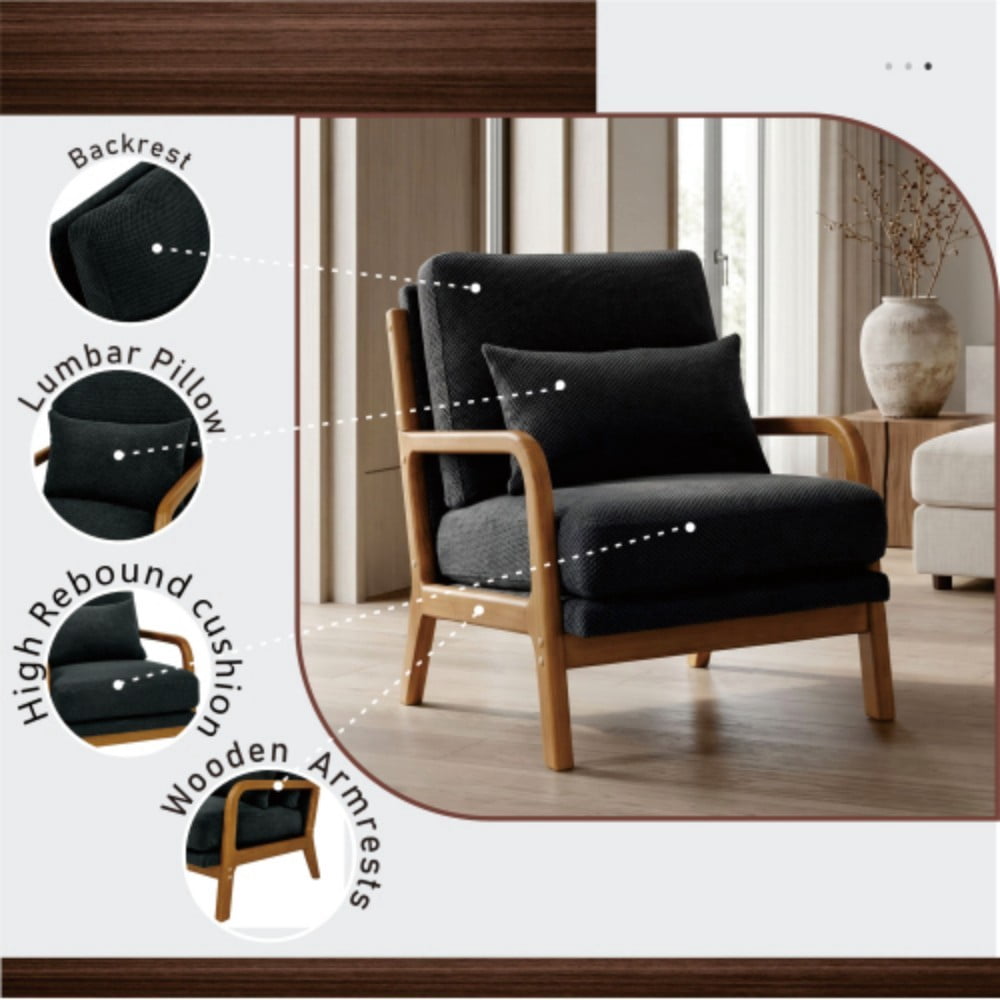 Wooden Lounge Chair, Modern Upholstered Accent Chair with Solid Wood Armrests, High-Density Foam Cushion, Reclined Backrest for Living Room, Bedroom & Office, Dark Gray