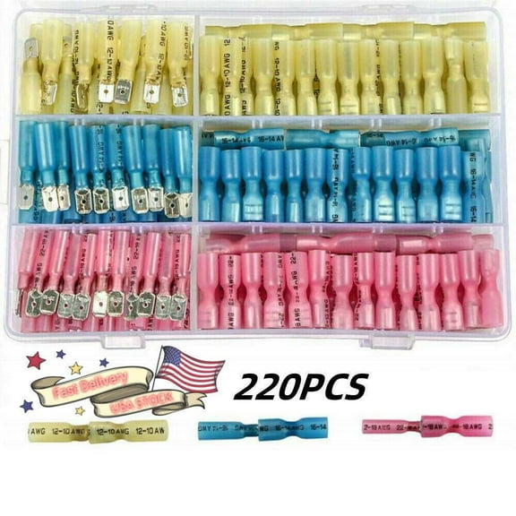 220x Electrical Heat Shrink Spade Connectors Male Female Wire Butt Terminals Kit