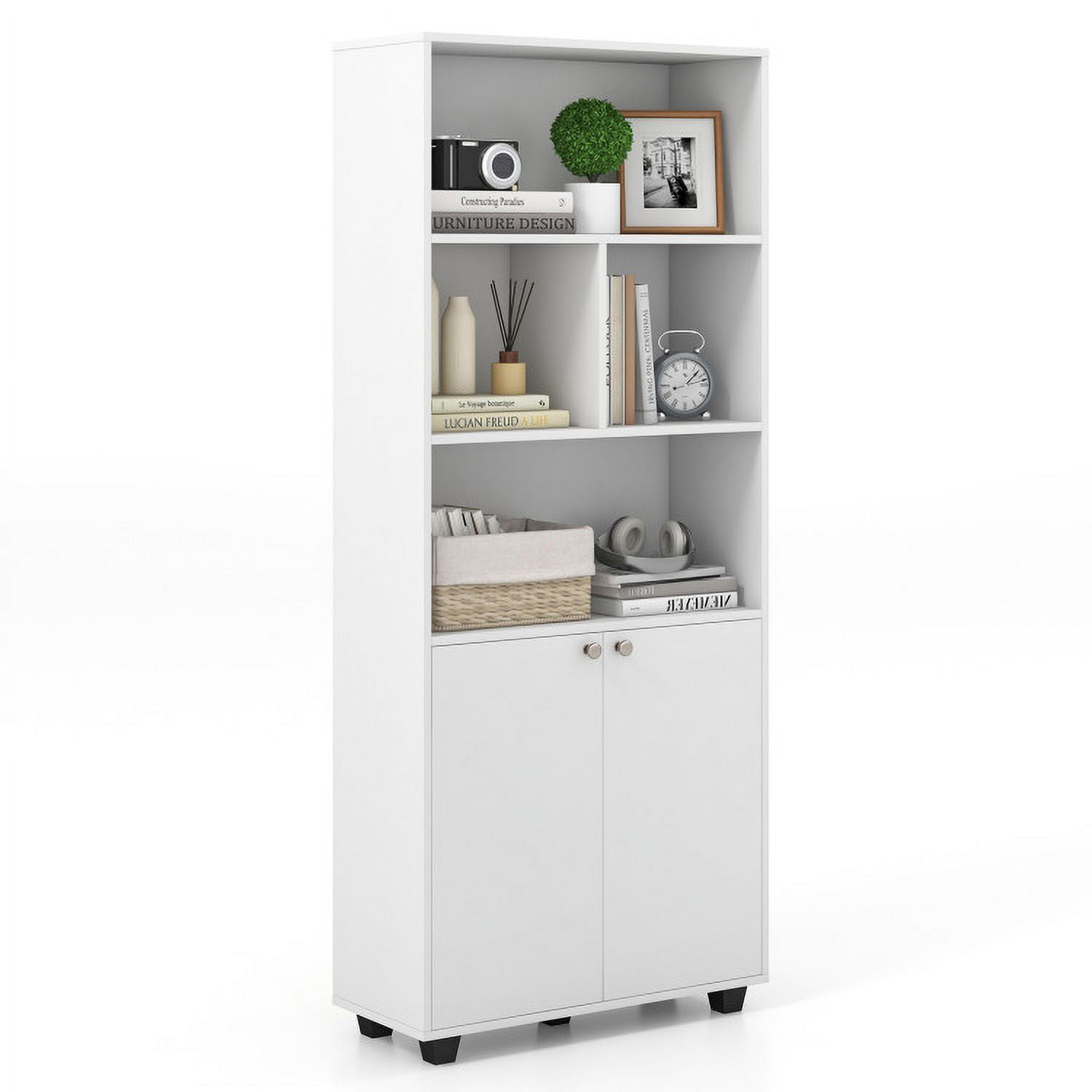 Demi Bonn 66" Tall Double-Door Bookcase with Adjustable Shelf and Storage Cubes, White