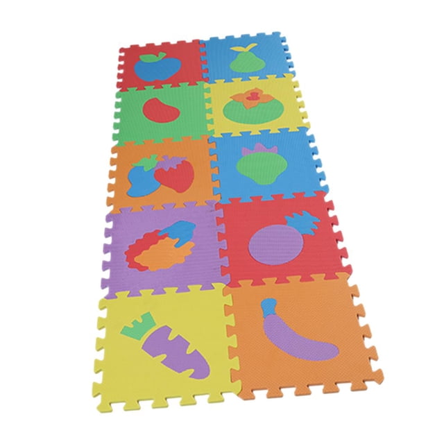 rompecabezas de 10 piezas colchoneta de ejercicios de espuma azulejos entrelazados verduras y frutas tapete infantil 30x30 cm por pieza, vista en 3/4 frontal con 10 baldosas encajadas en 5x2, colores rojo, azul, verde, amarillo, naranja y morado con recortes de frutas y verduras en contraste, textura de espuma estriada, bordes tipo rompecabezas y superficie antideslizante visible; adecuada para áreas de juego, colchonetas para bebés y ejercicios, a menudo usada en dormitorios y zonas de juego.