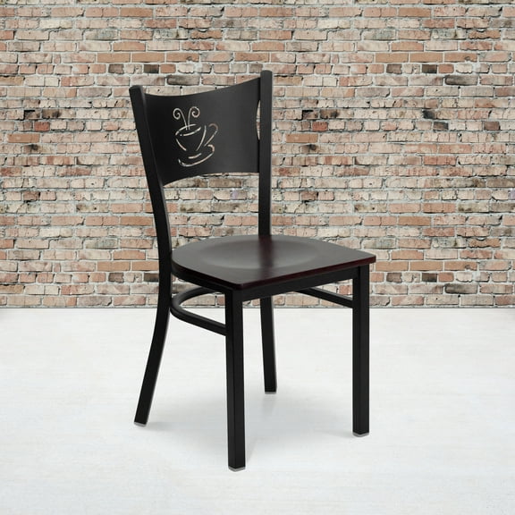 Flash Furniture 2 Pk. HERCULES Series Black Coffee Back Metal Restaurant Chair - Mahogany Wood Seat