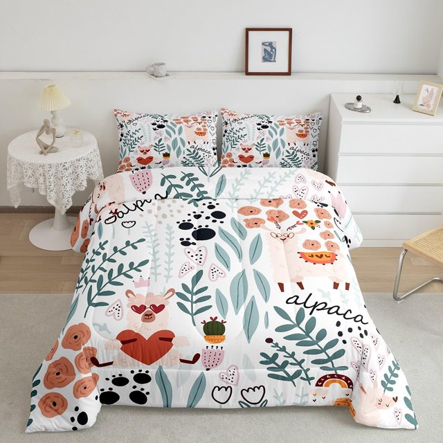 Llama juego de edredón, de dibujos animados Llama Alpaca juego de cama completo, Cute Love Heart