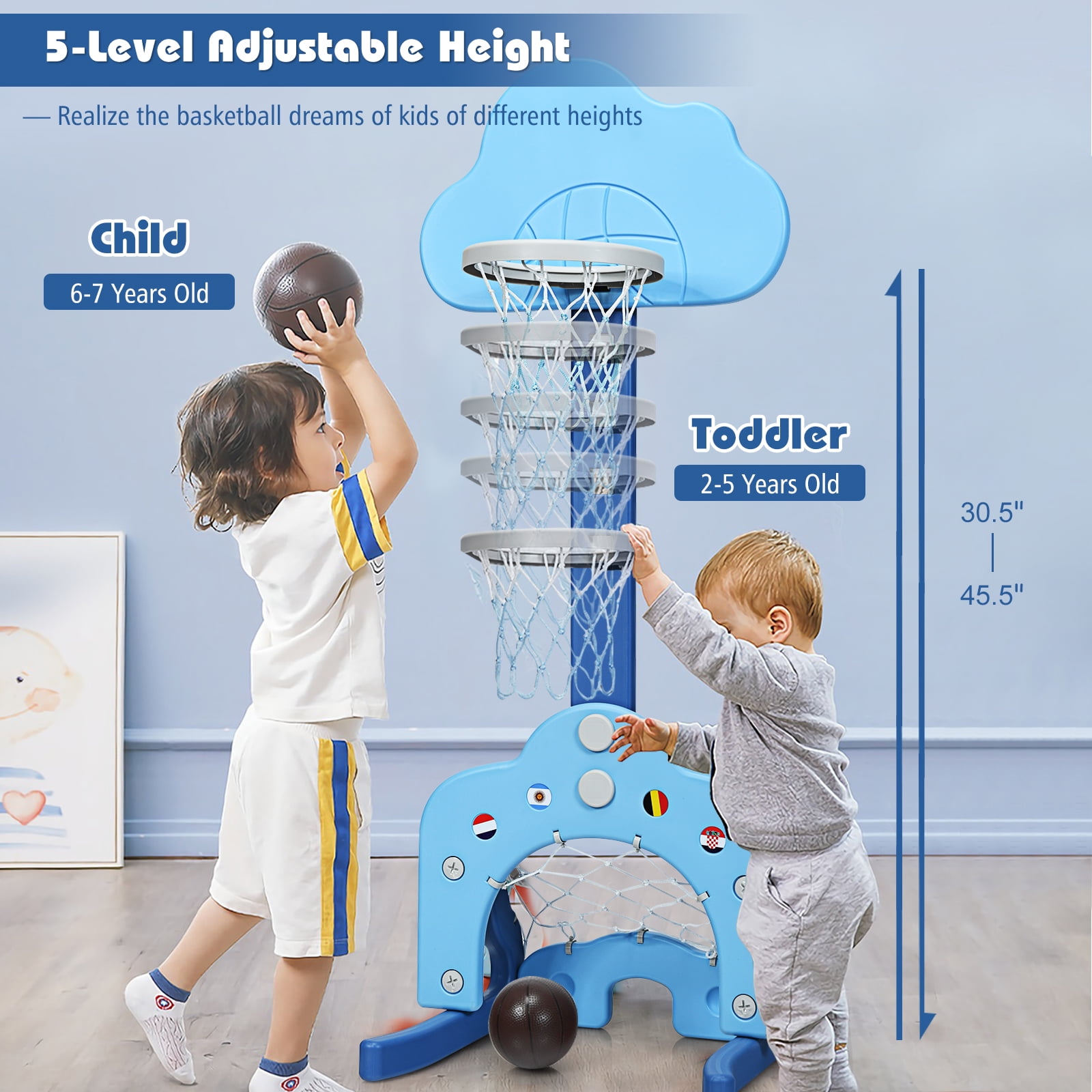 3-in-1 Basketball Hoop Set Stand Toddler Basketball Hoop 5 Adjustable Height 