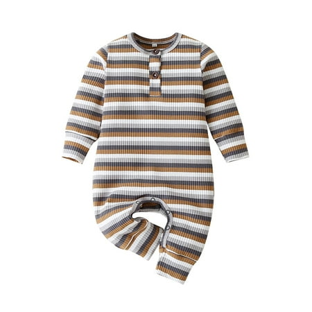 

Baby Kids Striped Long Sleeve Round Neck Ribbed Jumpsuit Casual Style Playsuit