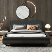 Allewie Full Size Platform Bed Frame with Curved Adjustable Headboard, Faux Leather Upholstered Style, 10 Mattress Recommended, Black