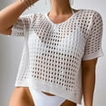 thumbnail image 2 of BYHONG Womens Summer V Neck Short Sleeve Button Down Sweater Casual Crochet Hollow Out Knit Tops Beach Coverup Blouses for women White M, 2 of 4