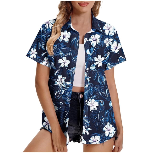 Pantalones Cortos para las Mujeres Sexy, Blusas de Estilo Hawaiano Impreso, Botón Arriba Cuello Turndown Superior