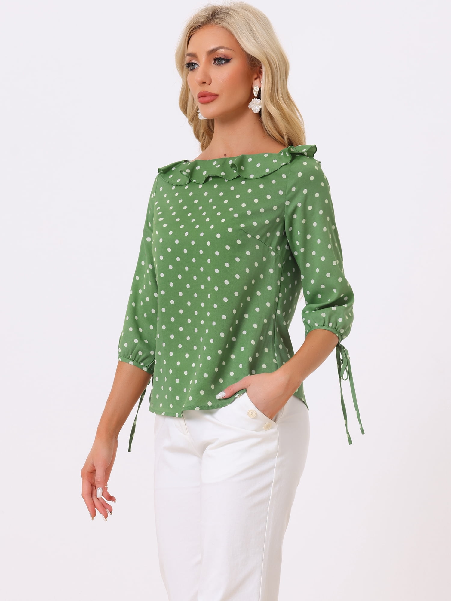 DARING DIVA Polka Dots Ruffled Neck 3/4 Sleeve Blouse Top M Dusty Green
