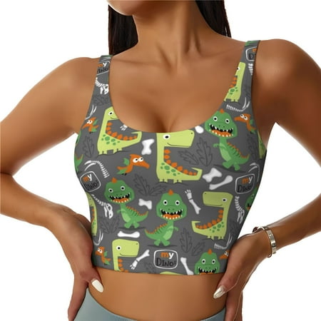 Jgfou Cartoon Dinosaurs (2) Print Womens Sports Bra - Padded Workout Sports Bras Crop Tank Top