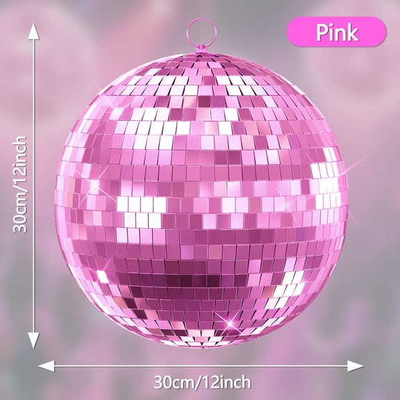 Baellsa 12" Mirror Disco Ball for DJ Club Party Live Stage Wedding Home Decor, Light Effect Mirror Ball with Hanging Ring, Pink
