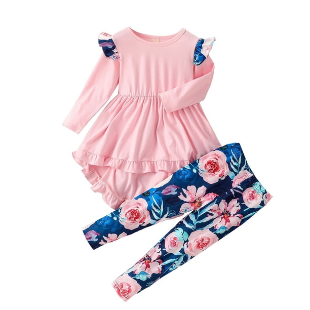 Gibobby Conjunto de 2 uds de vestido para bebé Conjunto de pantalones de flores para bebés y niños pequeños, camiseta de manga larga con volantes(Rosa, 3-4 Años)