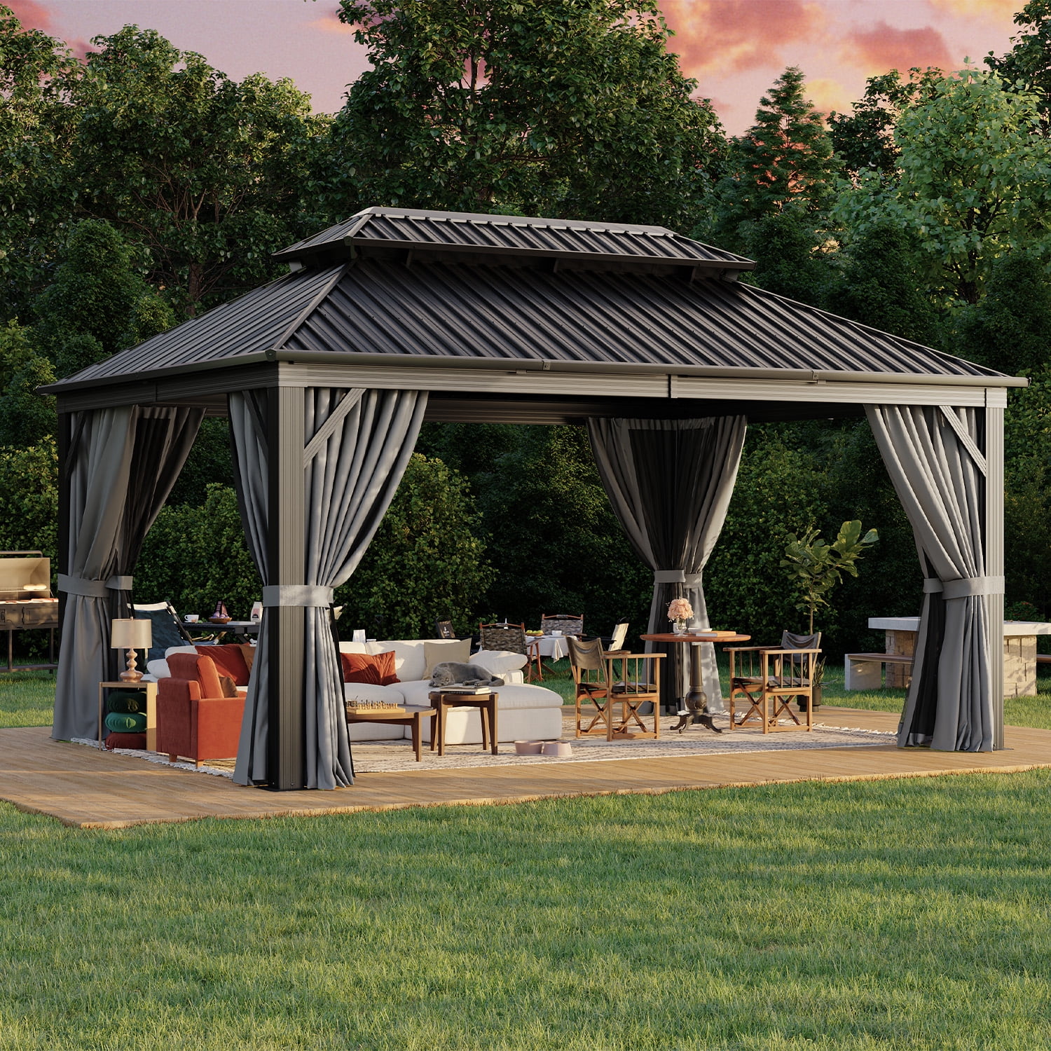 BaPiPro 12x16 FT Permanent Outdoor Gazebo – Aluminum Frame with Double Roof, Includes Curtains & Netting, Ideal for Patio, Lawn, and Garden,Gray