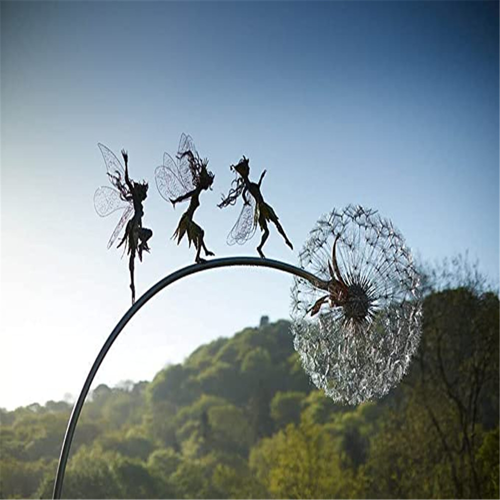 4PC//Set Fairies Dandelions Dance Together Home Garden Metal Art Decor Robin Wight Wire Sculpture Dramatic Fairy Flying Decorative Stakes for Patio Lawn Pathway Flowerbeds 2021 Fairy Garden Decor