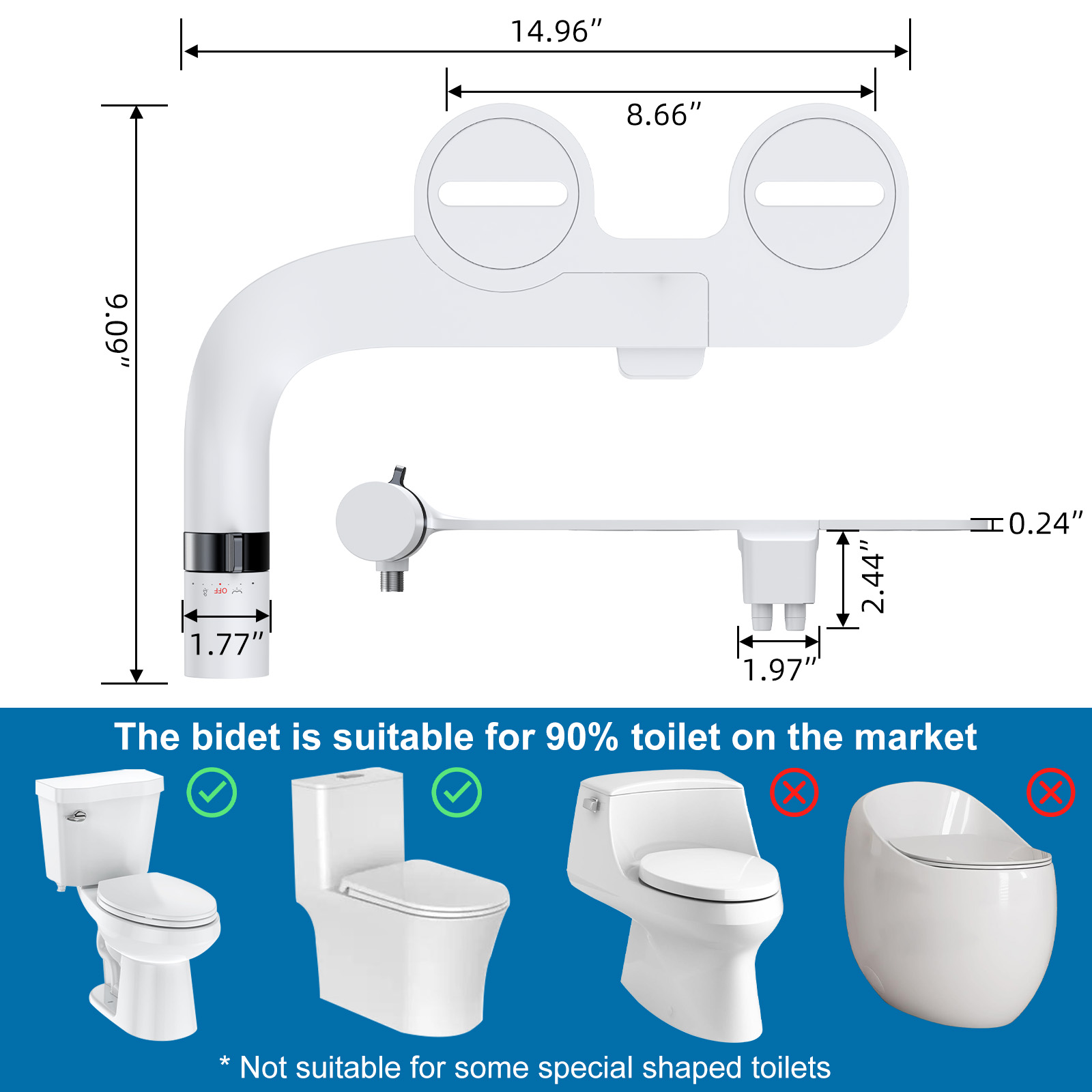 Ultra-Slim Bidet Attachment, Non-Electric Toilet Bidet with Dual Self-Cleaning Nozzles, Adjustable Water Pressure for Frontal and Rear Wash, Easy Installation, Black