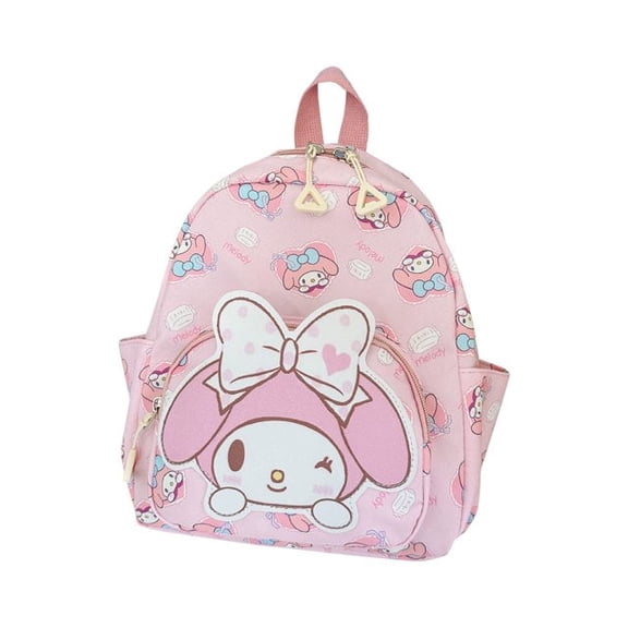 Cute Pink Sanrio Bunny cartoon-themed mini backpack, adjustable length with front and side pockets, perfect for toddler travel and as a lightweight school bag.