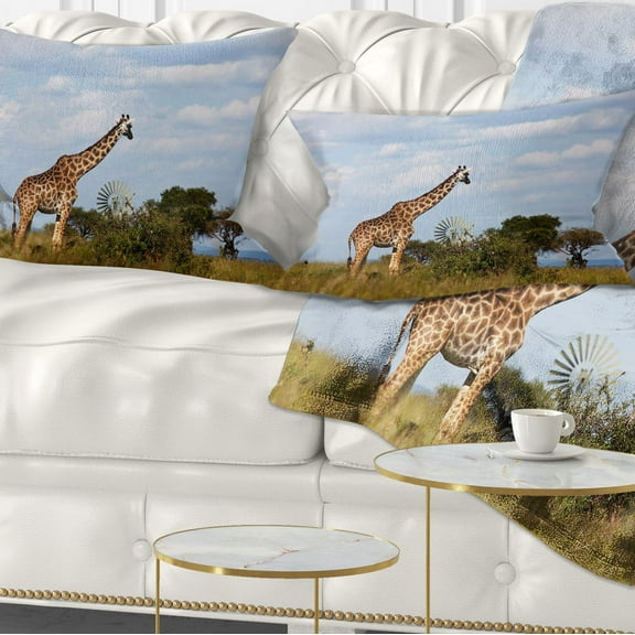 Designart Large Giraffe in Savannah - Landscape Printed Throw Pillow - 12x20