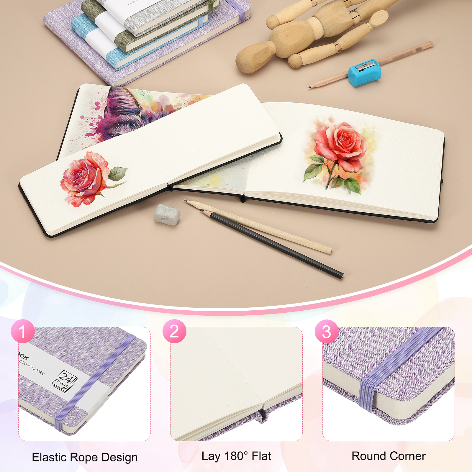 Uxcell 8.3x5.5" Square Watercolor Sketchbook, 2Pcs 24 Sheet 300gsm/140lb, Light Purple