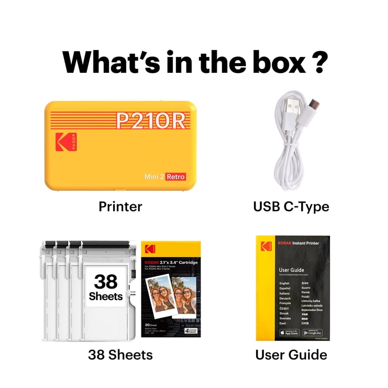 Imprimante photo portable KODAK Mini 2 Retro 4PASS (5,3 x 8,6 cm) + paquet d'accessoires et 38 feuilles, blanc