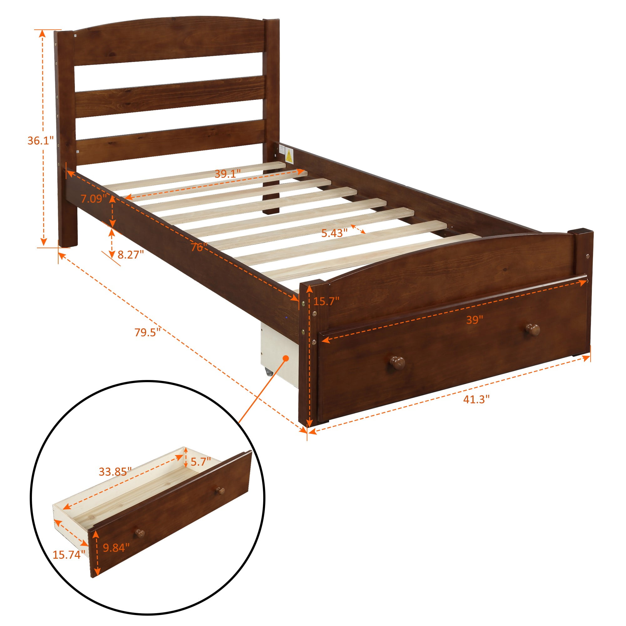 Kepooman Twin Size Modern Bed Frame with Storage Drawer, 79.5”L X 41.3”W X 36.1”H, Walnut Kepooman Twin Size Modern Bed Frame with Storage Drawer, 79.5”L X 41.3”W X 36.1”H, Walnut