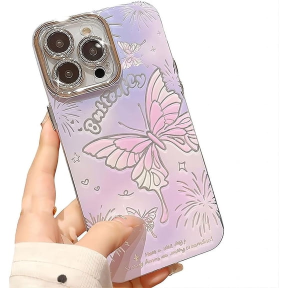 for iPhone Case,Luxury Glitter Sparkle Sparkly Hollow Butterfly Parttern Bumper Camera Lens Protection Soft Shockproof Phone Case (Purple,iPhone 12 Pro)