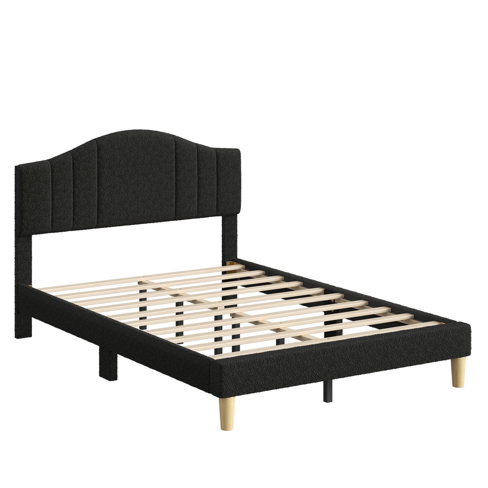 Pinmoco Full Upholstered Bed Frame with Adjustable Arc-shaped Headboard, LED Platform Bed, Teddy Velvet Black