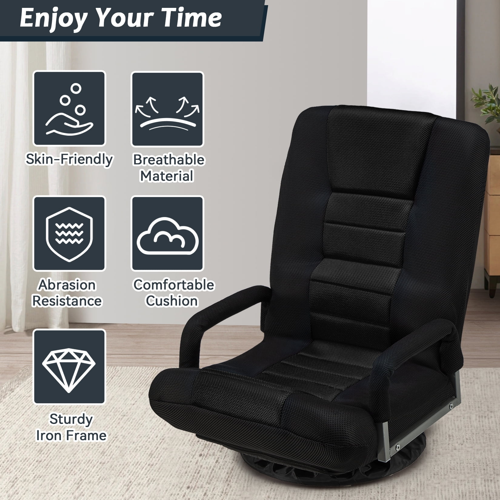 Avocahom Swivel Gaming Floor Chair w/ Armrest Handles, No Assembly gaming chair rocker, Folding Reclining Sofa w/6 Position Adjustable Backrest for Video Games, Watching TV, Reading,Black