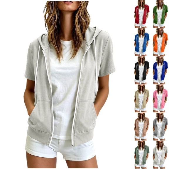Womens Short Sleeve Zip Up Hoodies Lightweight Slim Fit Drawstring Comfort Sweatshirts Summer Casual Fashion Clothes
