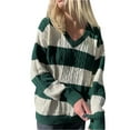thumbnail image 2 of hirigin Women Fall Winter Pullover Sweater Stripe Patchwork V Neck Long Sleeve Knitwear for School, Streetwear, S/M/L/XL, 2 of 9