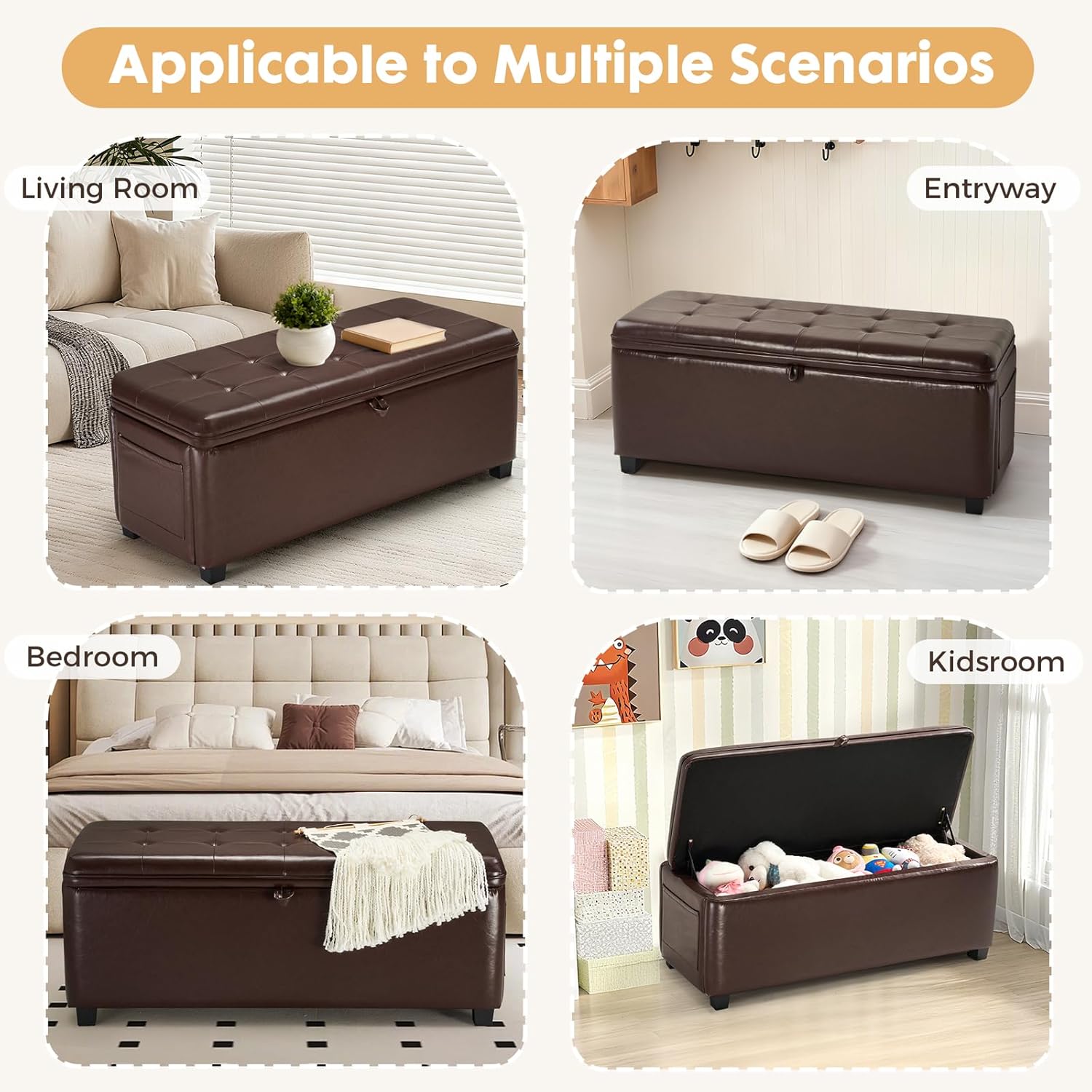 45 Inch Storage Ottoman Bench, Bench for Bedroom End of Bed, Ottoman with Storage for Living Room and Entryway (PU-Brown)