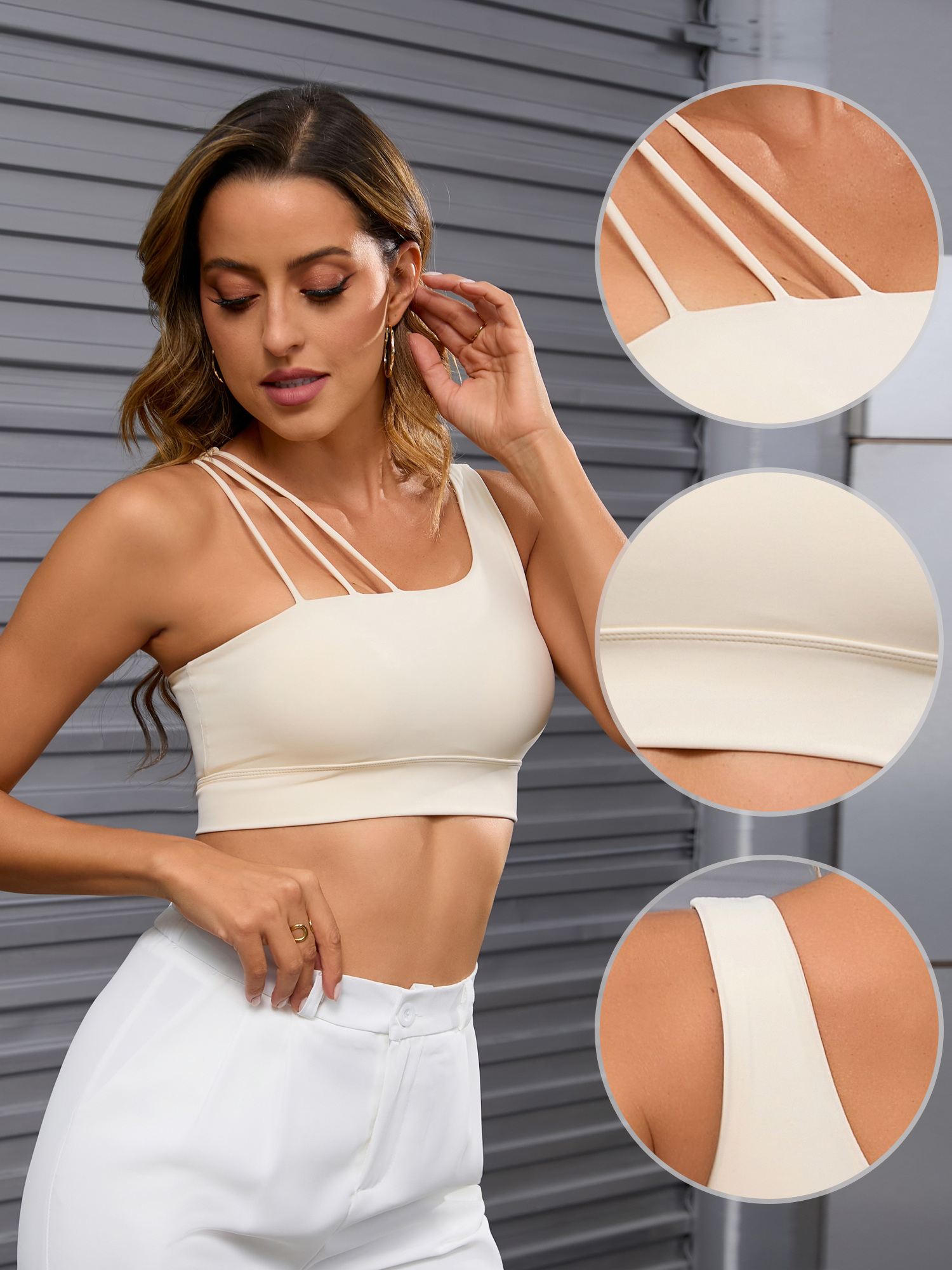 DARING DIVA Women's Three Spaghetti Thin Straps Sports Bra Fitness Tank Top Beige S