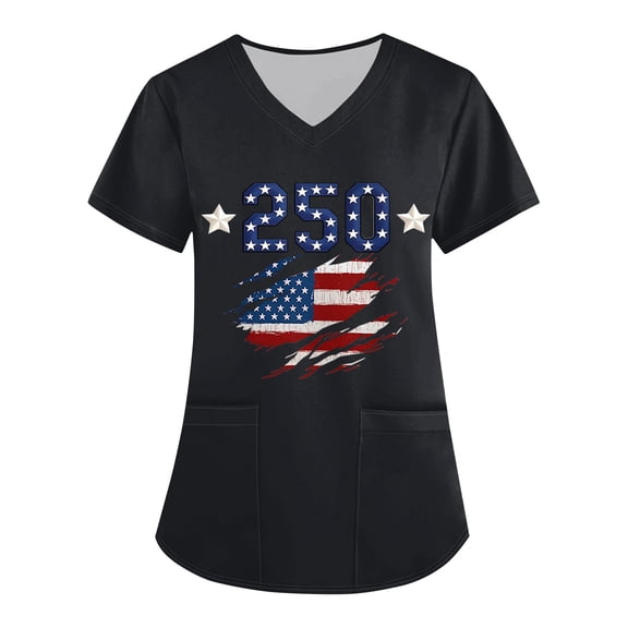 Trgacdwlo Plus Size 4th of July Scrub Tops for Women 1776-2026 Flag Print Nursing Uniforms with Pocket Celebration V Neck Short Sleeve Women's Work Shirts S-5XL