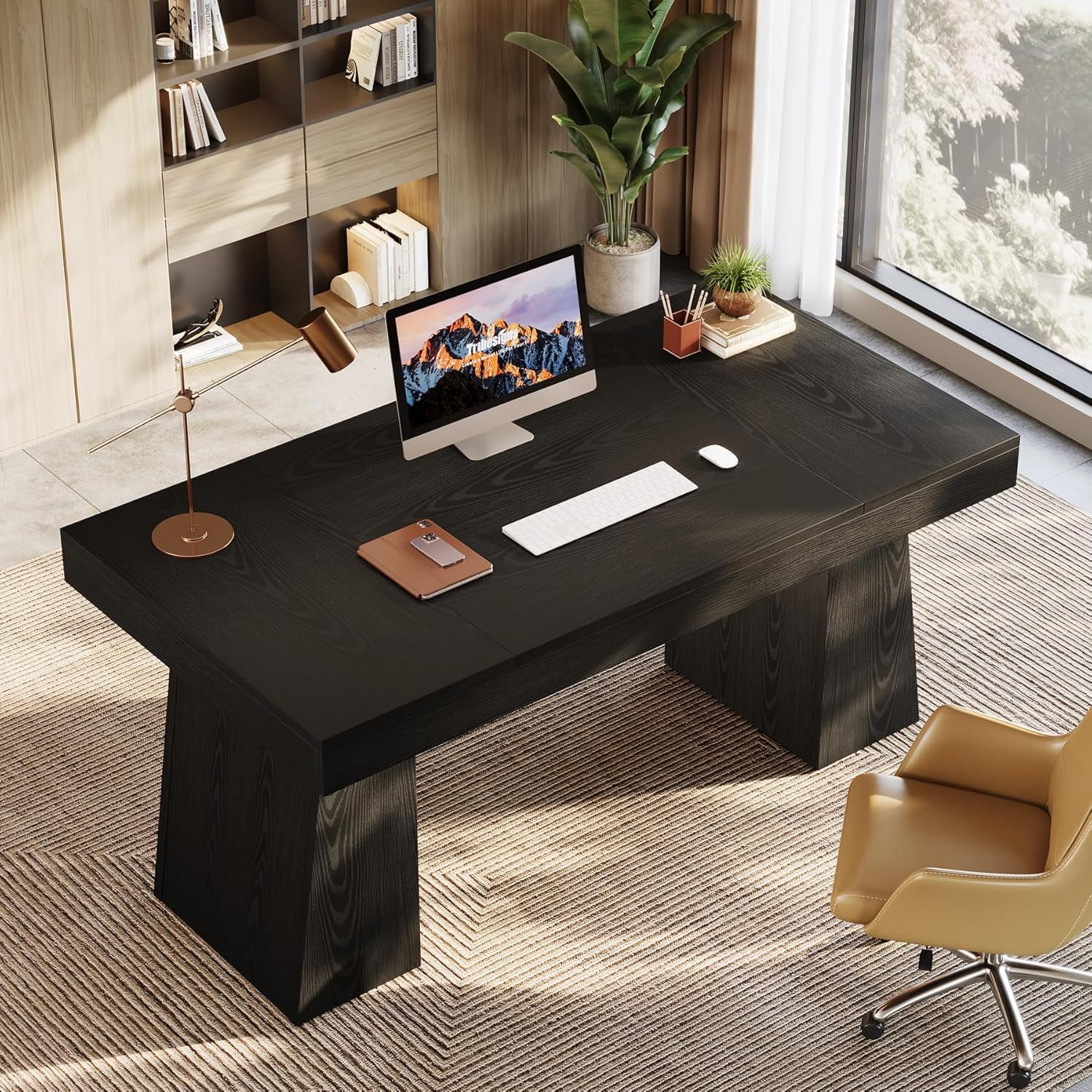 Finmind Large Wood Executive Desk, 55" Rectangle Office Desk with Double Pedestal, Modern Minimalist Computer Desk Workstations Conference Table Furniture for Home Office(Black)
