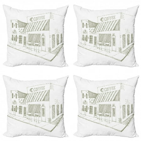 Coffee Throw Pillow Cushion Case Pack of 4, Pattern of an Urban Sidewalk Cafe Drawn by Hand Soft Pencil Hits Scribbles, Modern Accent Double-Sided Print, 4 Sizes, Slate Brown White, by Ambesonne