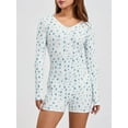 thumbnail image 3 of Women Trendy Playsuit, Floral Print V Neck Button-Down Long Sleeve Tight Rompers Shorts for Ladies, 3 of 9