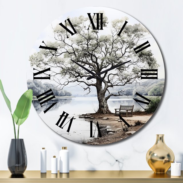 Designart "Tree Monochrome Calm Shades II" Landscapes Oversized Wall Clock