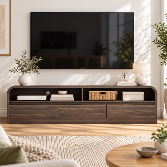 Aufeile Modern TV Stand for TVs Up to 80 Inch, 70" Entertainment Center with 3 Drawers & Storage, Curved TV Console Table, Walnut