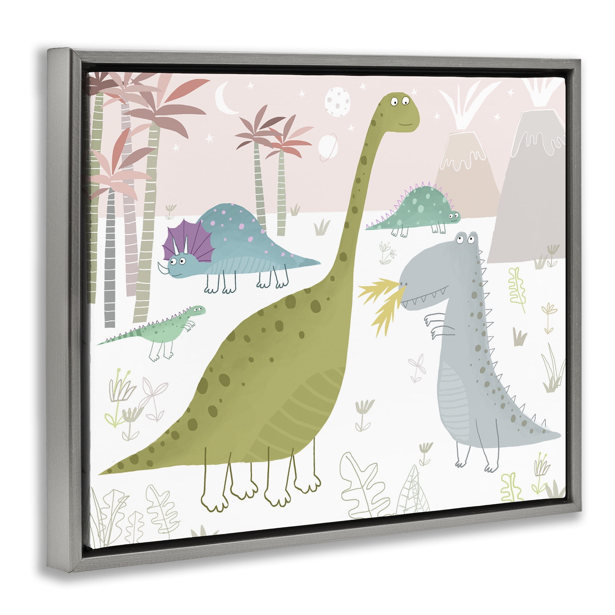 Stupell Industries Earthy Jurassic Dinosaurs Gray Framed Floater Canvas Wall Art, design by Carla Daly