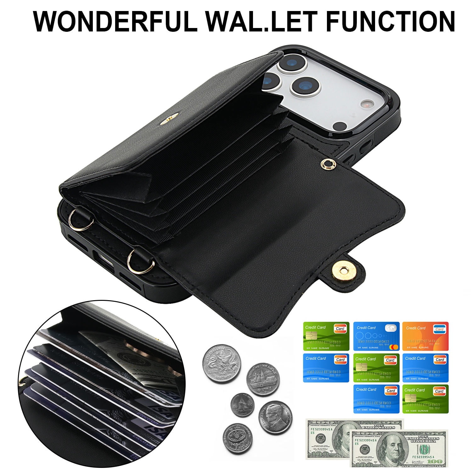 8 Card Crossbody Strap Case for iPhone 17 Pro - Black